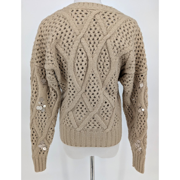 WHBM Sequin Cable Knit Sweater Beige Chunky Embellished Cozy Glam XS Holiday - Picture 6 of 14